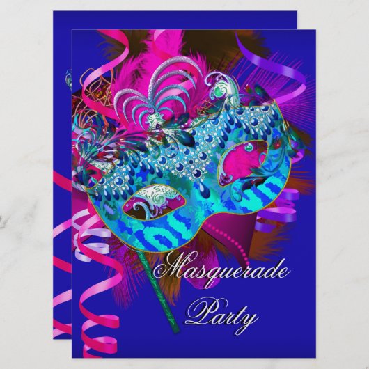 Masquerade Party Mask Blauw Blauwgroen Roze Metall Kaart (Voorkant / Achterkant)