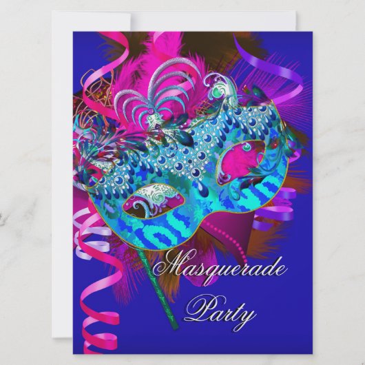 Masquerade Party Mask Blauw Blauwgroen Roze Metall Kaart (Voorkant)