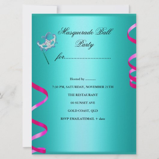 Masquerade Party Mask Blauwgroen Roze Metallic 2 Kaart