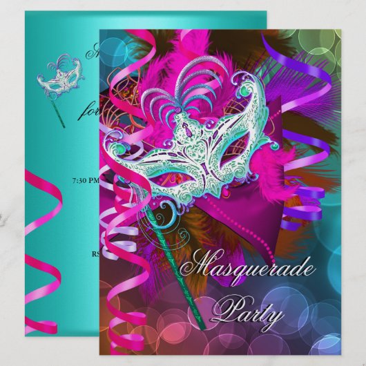 Masquerade Party Mask Blauwgroen Roze Metallic 2 Kaart (Voorkant / Achterkant)