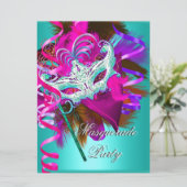 Masquerade Party Mask Blauwgroen Roze Metallic Kaart (Staand voorkant)
