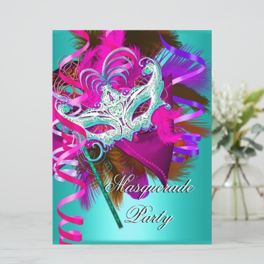 Masquerade Party Mask Blauwgroen Roze Metallic Kaart (Staand voorkant)