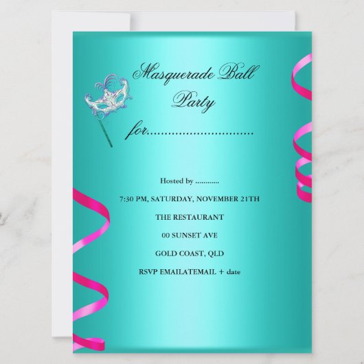 Masquerade Party Mask Blauwgroen Roze Metallic Kaart (Achterkant)