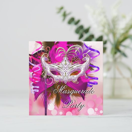 Masquerade Party Masker Black Paars Pink Mardi Gra Kaart (Staand voorkant)