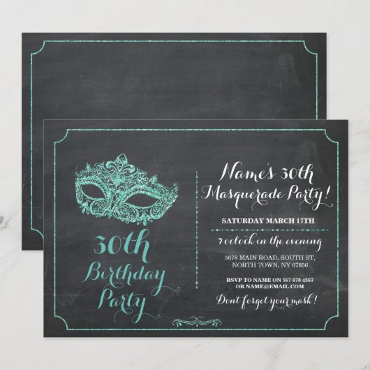 MASQUERADE Party Mint Mask Uitnodigen 30e 40e 50e Kaart (Voorkant / Achterkant)