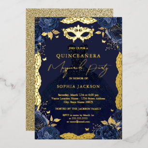 Masquerade Party Navy Floral Dress Quinceanera Folie Uitnodiging
