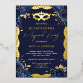 Masquerade Party Navy Floral Lace Quinceanera Folie Uitnodiging (Voorkant)