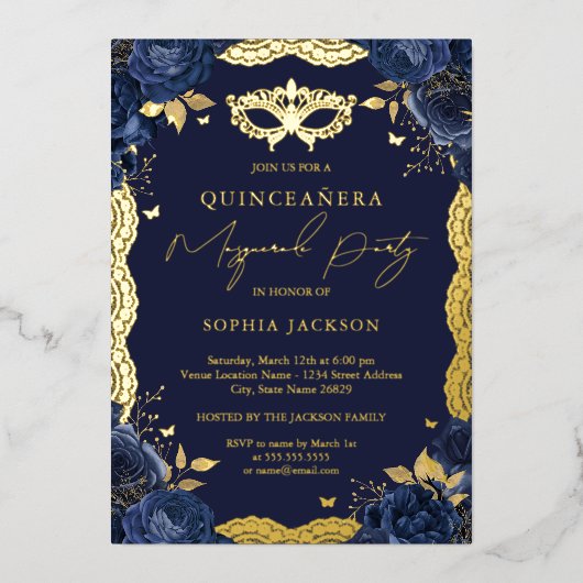 Masquerade Party Navy Floral Lace Quinceanera Folie Uitnodiging (Voorkant)