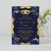 Masquerade Party Navy Floral Lace Quinceanera Folie Uitnodiging (Staand Voorkant)