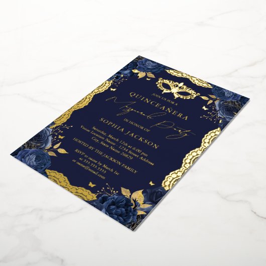 Masquerade Party Navy Floral Lace Quinceanera Folie Uitnodiging (Gedraaid)