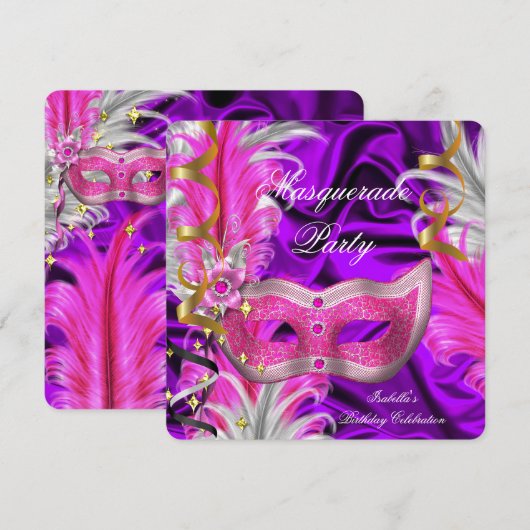 Masquerade Party Paarse roze Kaart (Voorkant / Achterkant)