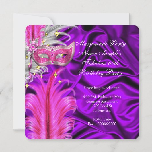 Masquerade Party Paarse roze Kaart (Achterkant)