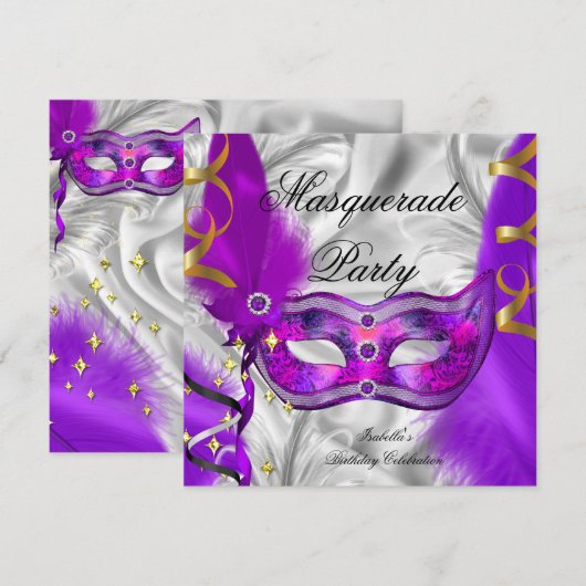 Masquerade Party Paarse Silver Kaart (Voorkant / Achterkant)