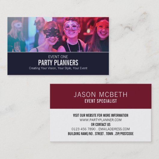 Masquerade Party, Party Event Planner Visitekaartje (Voorkant / Achterkant)