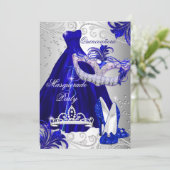 Masquerade Party Quinceanera Blue Silver Dress Kaart (Staand voorkant)