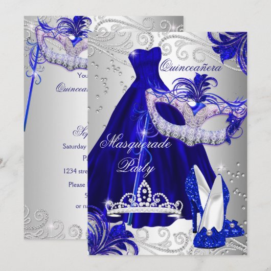 Masquerade Party Quinceanera Blue Silver Dress Kaart (Voorkant / Achterkant)