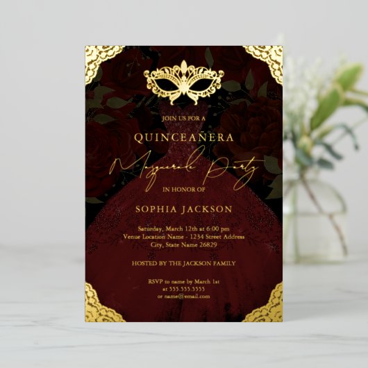 Masquerade Party Red Gold Mask Dress Quinceanera Folie Uitnodiging (Staand Voorkant)