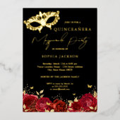Masquerade Party Red Gold Roos Masker Quinceanera Folie Uitnodiging (Voorkant)
