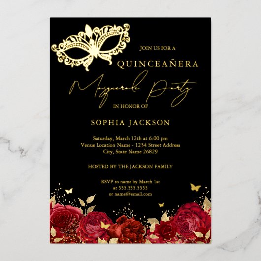 Masquerade Party Red Gold Roos Masker Quinceanera Folie Uitnodiging (Voorkant)