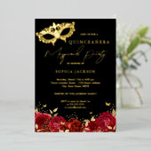 Masquerade Party Red Gold Roos Masker Quinceanera Folie Uitnodiging (Staand Voorkant)