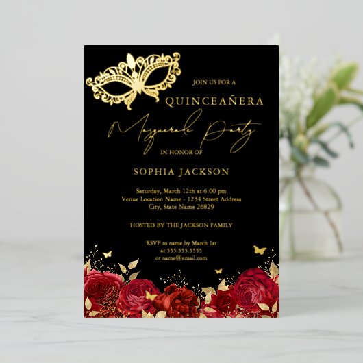 Masquerade Party Red Gold Roos Masker Quinceanera Folie Uitnodiging (Staand Voorkant)