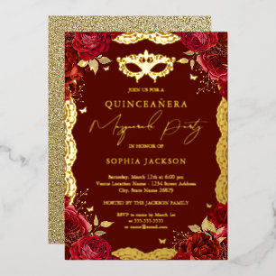 Masquerade Party Red Gold Roos Quinceanera Folie Uitnodiging