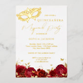 Masquerade Party Red Gold Roos Quinceanera Folie Uitnodiging (Voorkant)