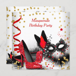 Masquerade Party Red Heels White Gold Black Masker Kaart