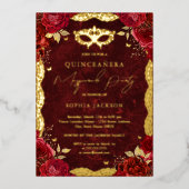 Masquerade Party Red Rose Quinceanera Folie Uitnodiging (Voorkant)