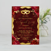 Masquerade Party Red Rose Quinceanera Folie Uitnodiging (Staand Voorkant)