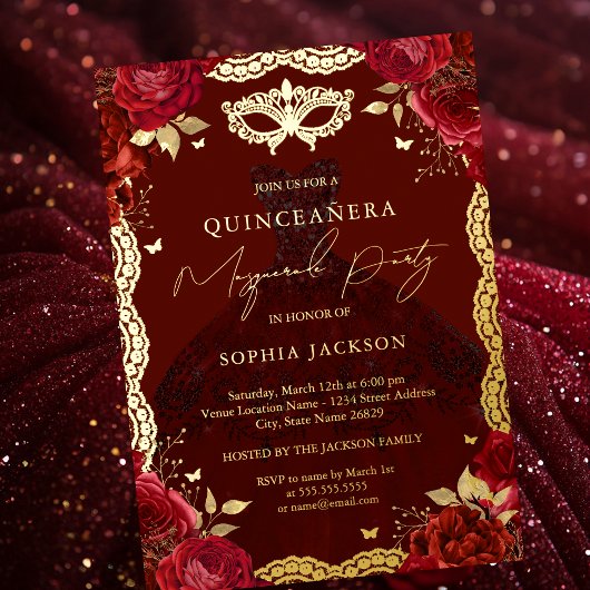 Masquerade Party Rood Goud Roos Gown Quinceanera Folie Uitnodiging