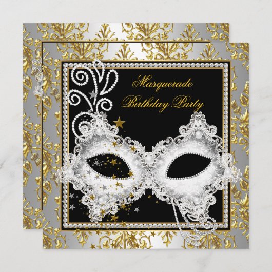 Masquerade Party Silver Gold Damask Black Kaart (Voorkant / Achterkant)