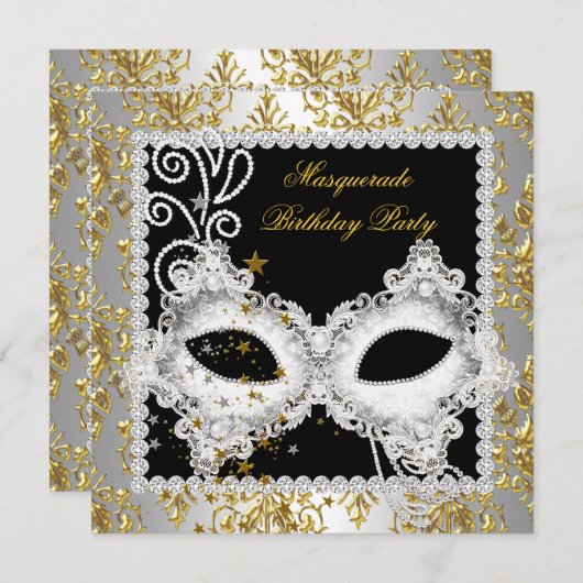 Masquerade Party Silver Gold Damask Black Masker 2 Kaart (Voorkant / Achterkant)