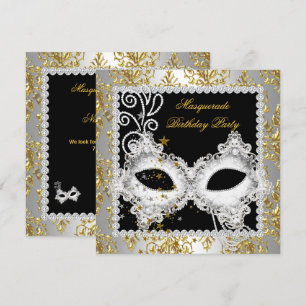Masquerade Party Silver Gold Damask Black Masker 2 Kaart