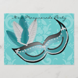 Masquerade Party Turquoise Venetian Mask Invite Kaart