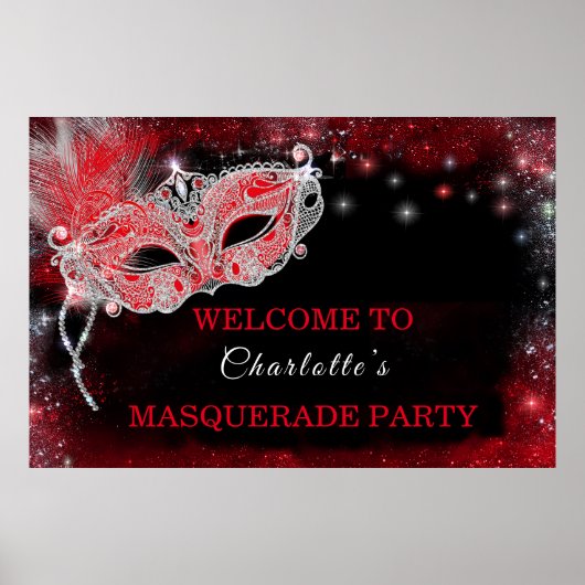 Masquerade Party Welkomstbord Zwart en Rood Poster (Voorkant)