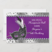 Masquerade Party Zilveren Paarse Verjaardagsuitnod Kaart (Voorkant)