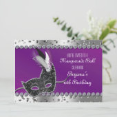 Masquerade Party Zilveren Paarse Verjaardagsuitnod Kaart (Staand voorkant)