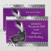 Masquerade Party Zilveren Paarse Verjaardagsuitnod Kaart (Voorkant / Achterkant)