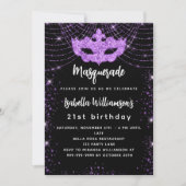 Masquerade party zwart paars glitter masker kaart (Voorkant)