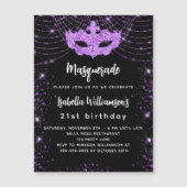 Masquerade party zwarte paarse glitter luxe magnetische uitnodiging (Voorkant)