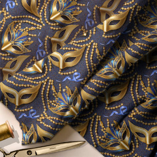 Masquerade Patroon Kralen Maskers Blauw Goud ID103 Stof