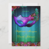Masquerade Peacock Mask Wedding Invitation Kaart (Voorkant)