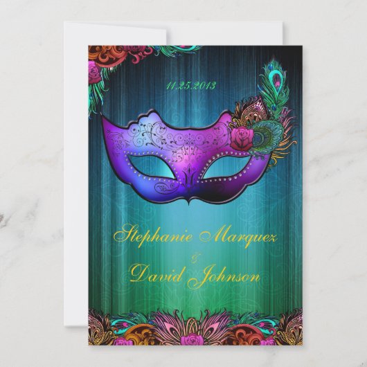 Masquerade Peacock Mask Wedding Invitation Kaart (Voorkant)