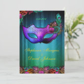 Masquerade Peacock Mask Wedding Invitation Kaart (Staand voorkant)