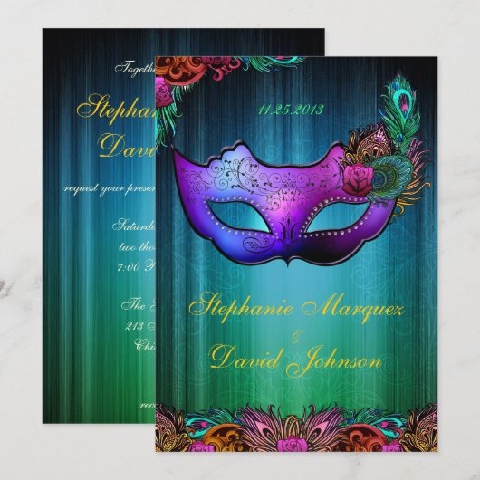 Masquerade Peacock Mask Wedding Invitation Kaart (Voorkant / Achterkant)