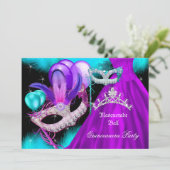 Masquerade Quinceanera 15 Partij Blauwgroen Paars Kaart (Staand voorkant)