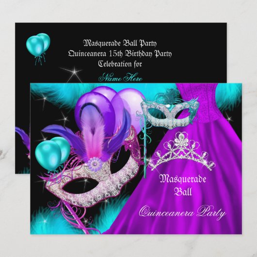 Masquerade Quinceanera 15 Partij Blauwgroen Paars Kaart (Voorkant / Achterkant)