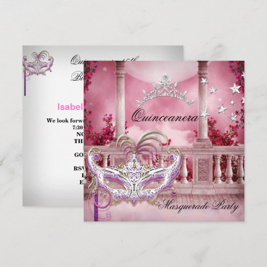 Masquerade Quinceanera 15 Pink Birthday Party Kaart (Voorkant / Achterkant)