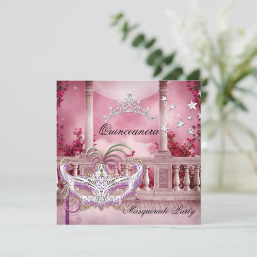 Masquerade Quinceanera 15 Pink Birthday Party Kaart (Staand voorkant)